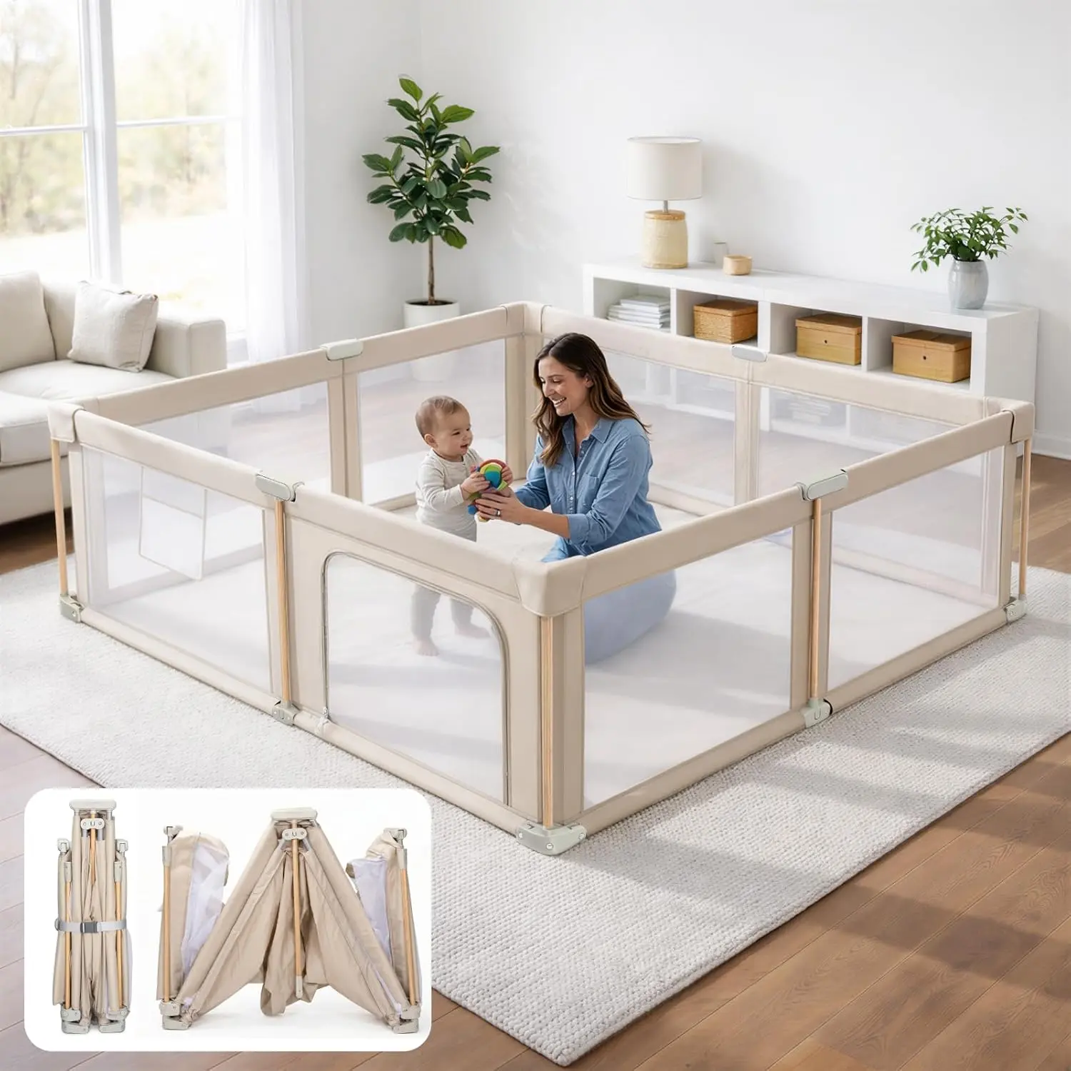 Foldable Baby Playpen with Mat, Breathable Mesh, and Anti-Fall Pads - Playpen for Baby and Toddlers