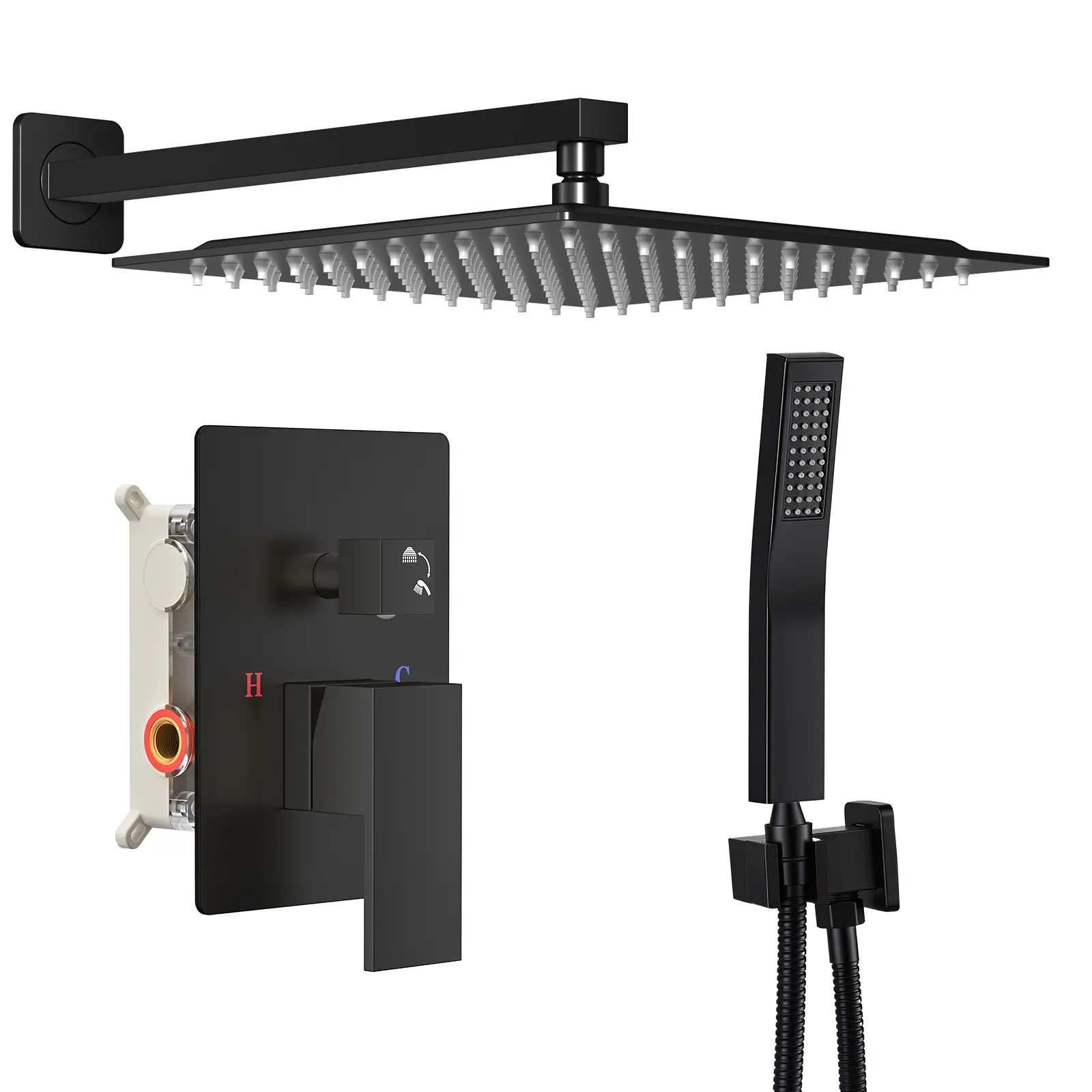 Sweetcrispy S - Shower Faucet Set, Square Rainfall Shower Head and Handle Set, Wall Mounted, Pressure Balance Valve