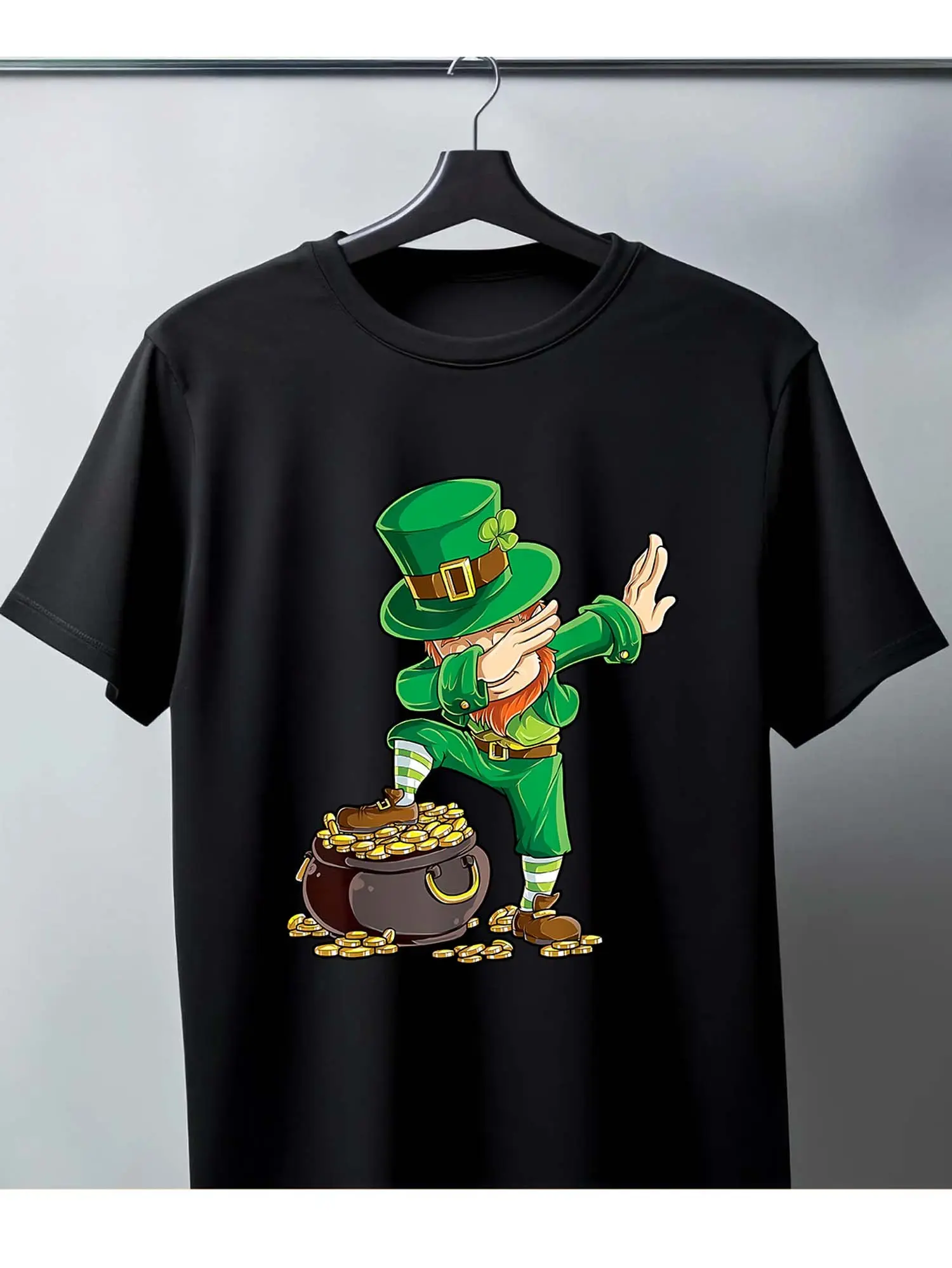 Men's Black Cotton T - shirt_ Leprechaun and Pot o unisex soft cotton short sleeve t shirt, vintage graphic casual tee for men women teens, perfect birthday holiday gift for camping travel gym daily street  wear
