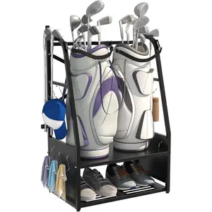 Golf Bag Organizer - Wall Mount & Freestanding - Holds 2 Golf Bags w/ 4 Club Racks, 10 Hooks & Storage Shelf - Golf Bag Stand w/Adjustable  for Garage, Store, Club, Shed