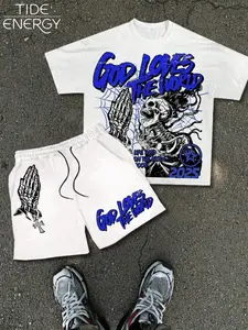 Y2K Style Christian Streetwear Sport Set, Skull Prayer Hand Graphic Print T-Shirt & Shorts, Summer Casual Beach Vacation