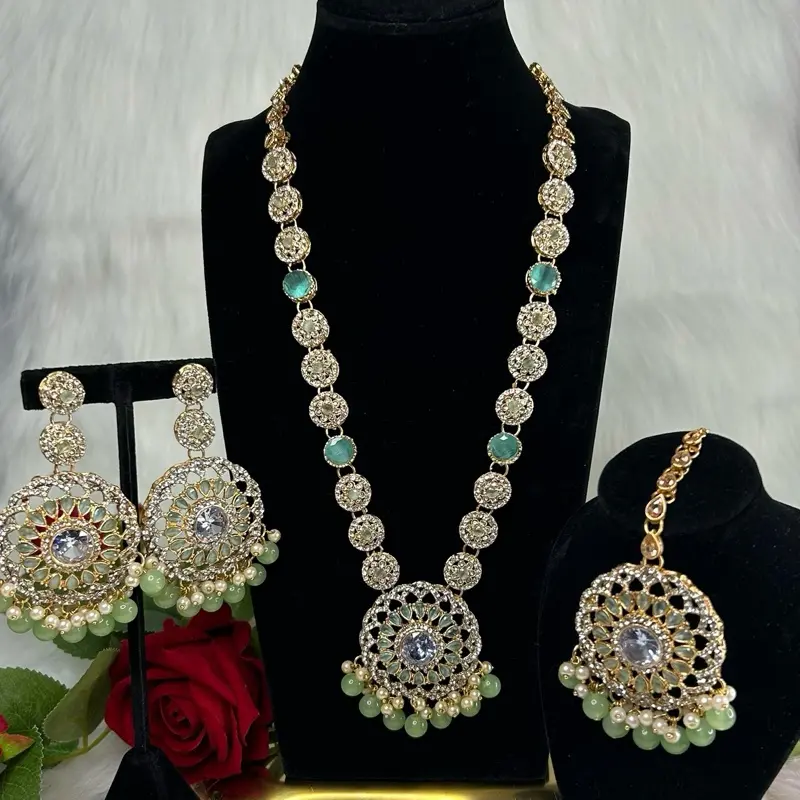 Elegant Gold Tone Long Necklace Mala with Earrings & Tikka Jewelry Set Unique Design for Any Outfit