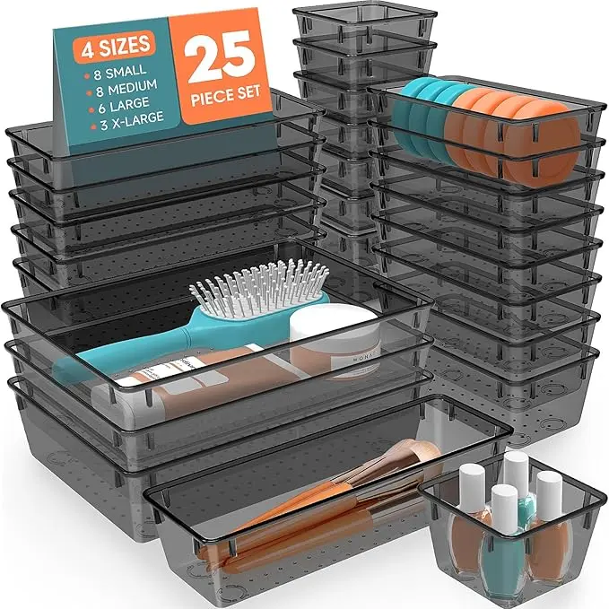 25 PCS Plastic Drawer Organizer Set, 4-Size Versatile Organizer Trays & storage Bins for Makeup, Jewelry, and Gadgets in Bathroom, Bedroom and Office, Black Boxes Multicolor