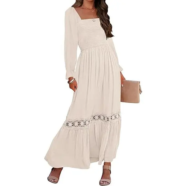 ZESICA Women's 2025 Boho Long Sleeve Square Neck Smocked High Waist Flowy A  Line Lace Trim Maxi Dress - TikTok Shop