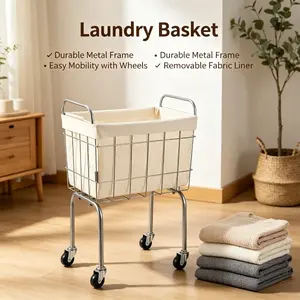 Metal Rolling Laundry Basket, 38L Narrow Square Laundry Hamper with 360° Wheels, Large Capacity Metal Laundry Basket with Bottom Raised Feet, Supports 10kg, Ideal for Bedroom, Living Room, Bathroom, Laundry Room Home Use