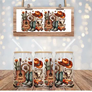 Western 16oz Glass Can Wrap - Custom UVDTF Wrap for Beer Glasses - Unique Design for Personalization - Drinkware