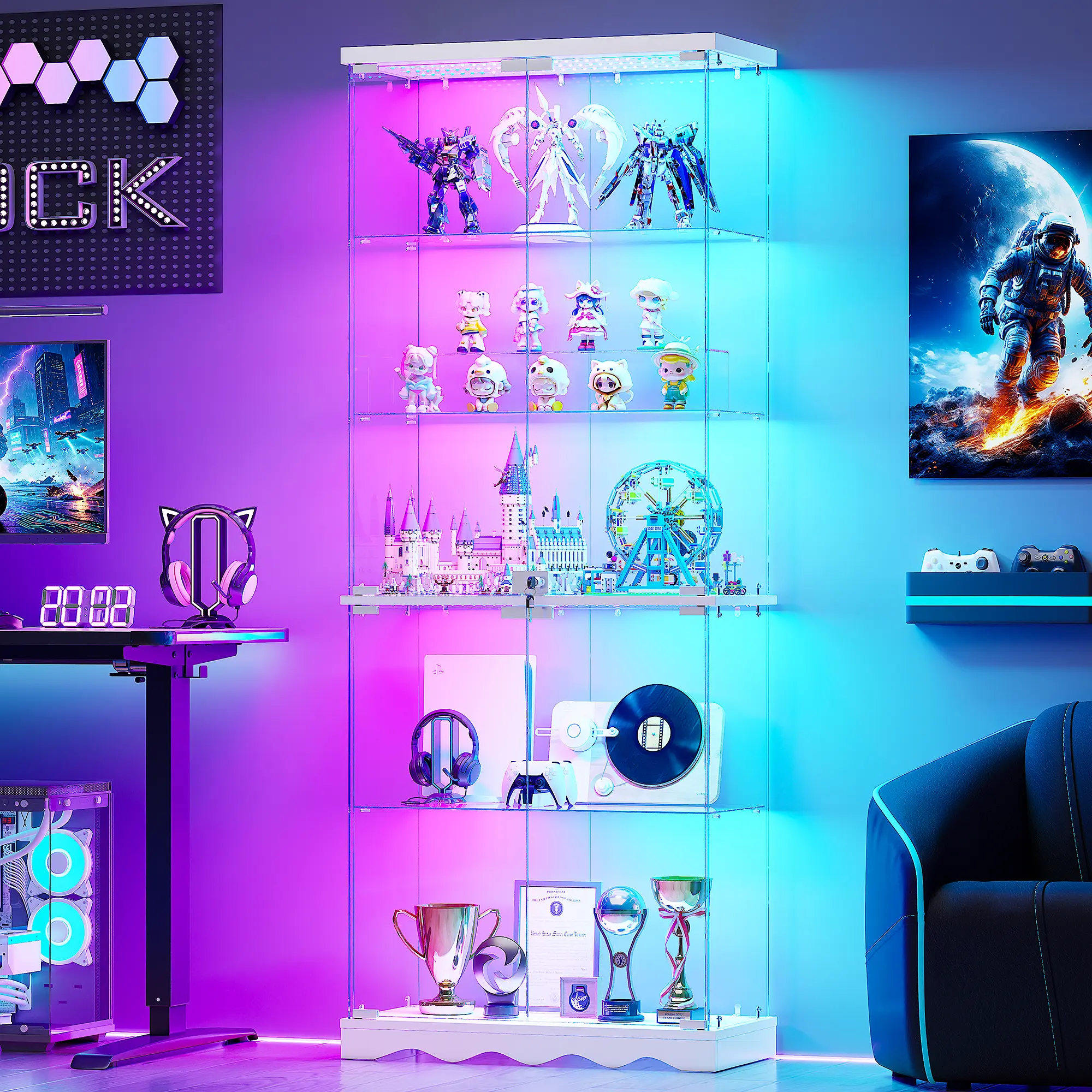 Dystler 65" 5-Tier 360° Tempered Glass Display Cabinet, Curio Showcase with APP RGB Lights, Motion Sensor LED, Lockable Doors & Anti-Tip Design for Collectibles, Some Assembly Required