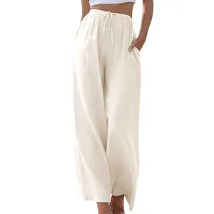 Songling Womens Cotton Linen Palazzo Pants Drawstring Elastic Waist Casual Wide Leg Trousers with Pockets Fit Summer Lightweight Apricot Basic Loose Bottoms Womenswear Wideleg Minimalist