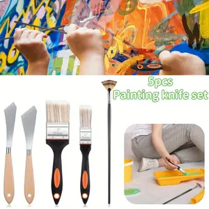 Set of 5 Art Painting Set Painting Knife Set Stainless Steel Color Mixing Knife Background Mixer Brush Fan Mixer Artist Brush 2-inch and 1-inch Oil Painting Landscape Brush for Acrylic Painting
