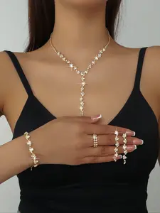 Luxury High-end Sparkling Rhinestone Floral Necklace Bracelet Earrings Ring Set, Music Party Jewelry Gift Set, Elegant Jewelry Set, Fashionable Jewelry Set
