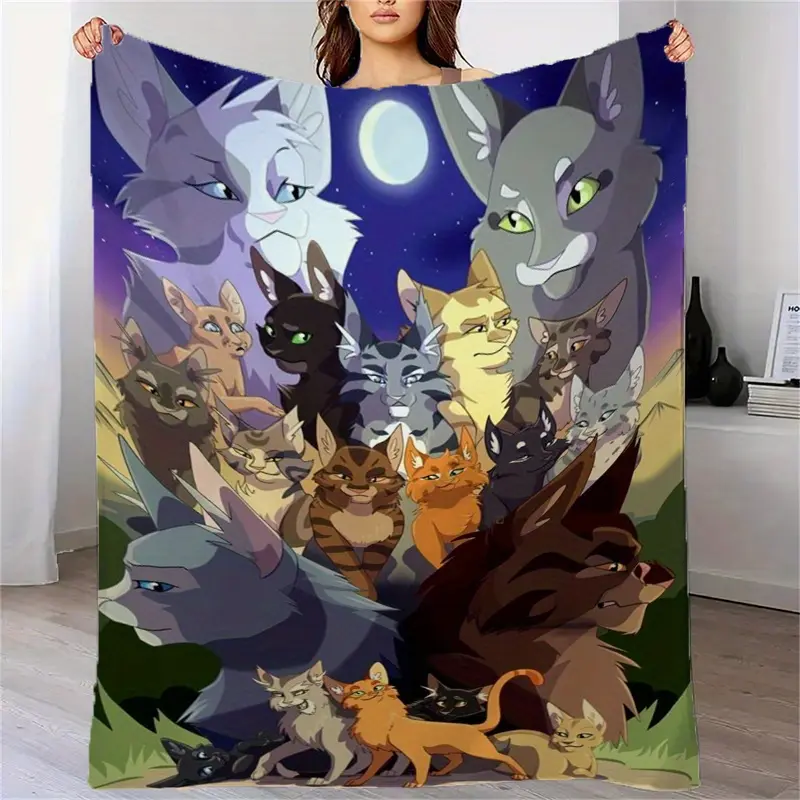 Warrior Cat Anime Print Flannel Blanket - Extra Large Fluffy Flannel Sofa Blanket, Suitable for Beds and Sofas, Modern Design, All Seasons, Digital Print Pattern, 100% Polyester, Machine Washable and Stain Resistant, Perfect for Travel, Camping and Naps,