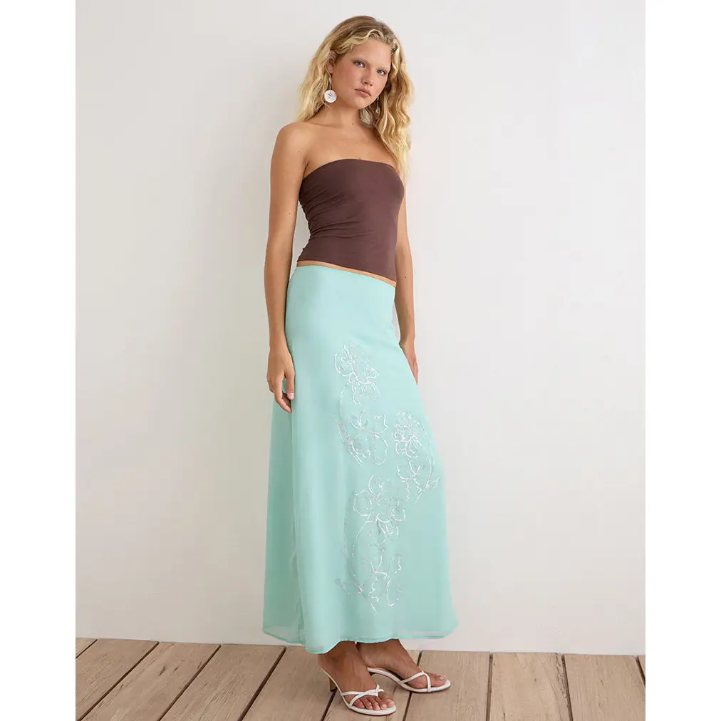 Larina Maxi Skirt in Chiffon Floral Sequin Turquoise