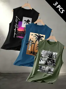 Men's 3-Pack Summer Beach Print Sleeveless Vest, Palm Tree & City Graphic Casual Round Neck T-Shirt, Breathable Sport Top for Vacation#SummerTankSet #BeachGraphicTank #Mens3PackTops #VacationWear #TikTokFashion #CasualSleeveless #EverydayTank #MensWardrob
