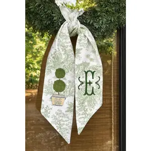 Topiary Green Toile Embroidered Monogramed Wreath Sash wreath sash, monogram door decor
