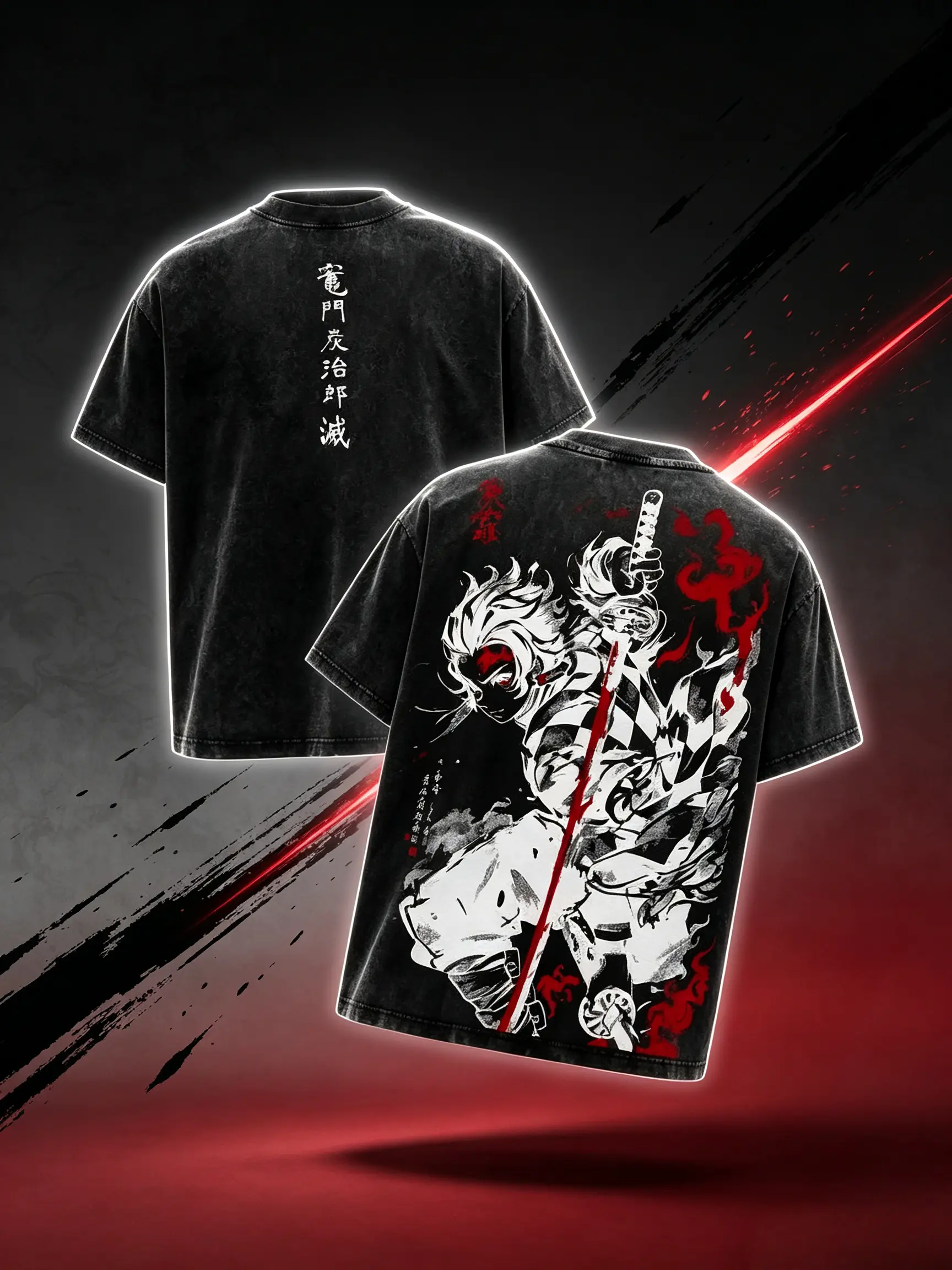 Vintage Washed Tanjiro T-Shirt, Demon Slayer Oversized Heavy Cotton Top for Anime Lovers, Unisex Casual Short Sleeve Crew Neck Streetwear, Graphic T Shirts Crewneck Classic, Machine Washable, Gift For Otaku Fans, Shortsleeve, Fashion