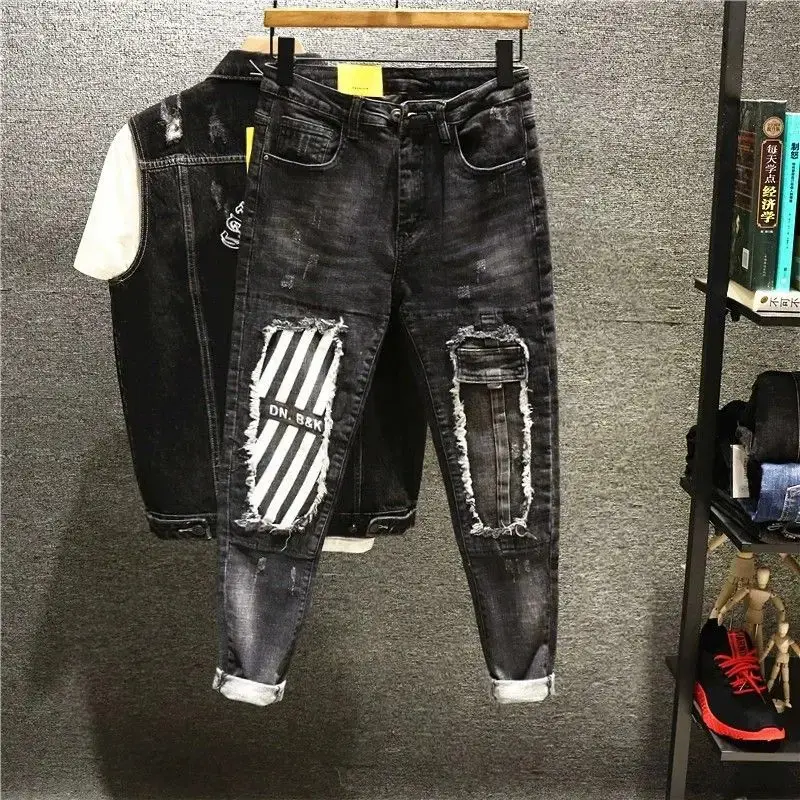 Men's Slim Fit Patchwork Denim Jeans - Fashion Harajuku Designer, Korean Luxury Menswear Streetwear Cowboy Pants with Patches, Chic, Luxury Clothing, Spring Wear, Denim Fabric, Full Length, Solid Pattern, Casual