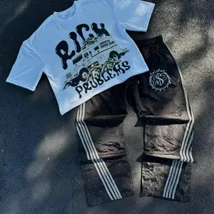 Acid Wash Sweat Suit Jogger Tracksuit Short Sleeve Cropped Boxy Custom Patch 2 Piece T Shirt and Pants Set for Men
