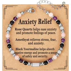 Natural Healing Crystal Bracelet for Women, Triple Protection Anxiety Relief New Beginnings Good Luck Empath Protection Jewelry Gift for Friends Daughter Mom 6.5+1.8 Inches