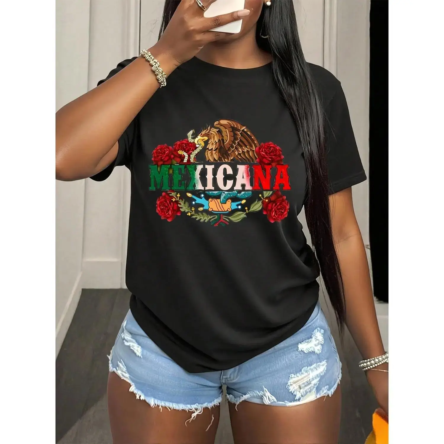 Mexicana Eagle Rose Print Graphic Shirts For Women Celebrating Mexican Heritage And Culture Perfect For Cinco De Mayo And National Pride Events, 220g