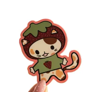Kawaii Strawberry Cat Sticker - Cute Cat Character with Strawberry Design, Ideal for Gifting and Collecting