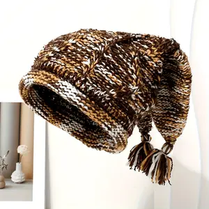 Women's Colorful Tasseled Beanie - 100% Polyester, Stretchy, Breathable Winter Hat with Elastic Fit for Versatile Outfits