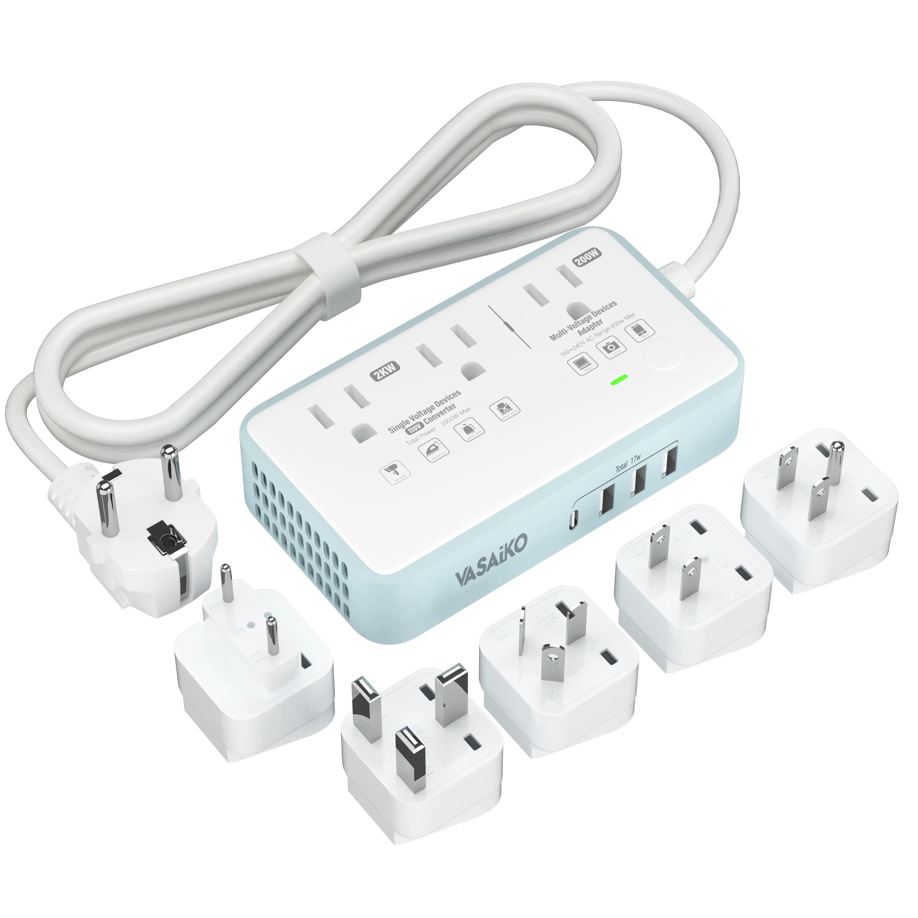 VASAIKO 220V to 110V Voltage Converter Universal Travel Adapter with 4 USB Charger 3 AC Sockets and EU/UK/AU/IT/JP/CN Plug Power Adaptor Step Down Transformer Outlet Converters for International Travel