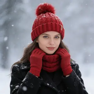 Winter Warm Set for Women - Knitted Hat, Thick Scarf, and Elastic Gloves - Ideal Gift for Christmas & Winter Activities - Classic Knit Pattern