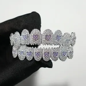 2pcs/ set 18K Silveryy Plated Purple Heart Shark Teeth Cubic Zirconia Teeth Mouth Grillz - Dazzling Hip Hop Bling Jewelry for Halloween Costume Accessory, Unique Fashion Statement, and Self-Expression Oral Cosmetic