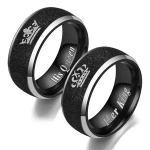 [Classic Style]Her King and His Queen Letter Couple Rings For Women Men Crown Black 8MM Stainless Steel Matte Ring Lovers Wedding Jewelry