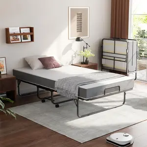 Folding Bed with 5” Memory Foam Mattress, Portable Sturdy Folded Guest Bed Rollaway Bed on Wheels