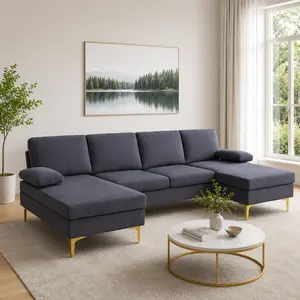 Deep Grey U-Shaped Sectional Sofa Set, Soft Fluffy Fabric 3-Piece Living Room Couch