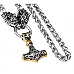 Norse Pagan Amulet – Men's Viking Necklace: Stainless Steel Dual Wolf-Head Thor's Hammer Pendant with King Chain