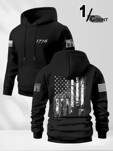 Men's Kangaroo Pocket Hoodie with Drawstring, American Flag Print Design, Casual Outdoor Sportswear for Fall & Winter