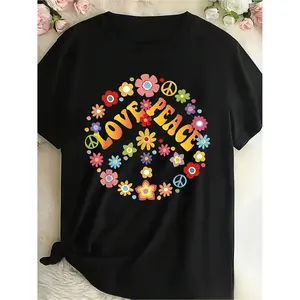 Unisex Vintage 60s 70s Retro Hippie Style Love Peace Graphic T-Shirt Featuring Multicolor Floral Peace Sign and Psychedelic Flower Power Design Lightweight Short Sleeve Round Neck Casual Summer Top for Music Festivals and Everyday Wear