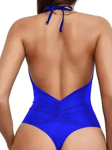 SwimWeek  Women' s One Piece Sexy Swimsuits Halter Tie Back V Neck Low Back Bathing Suit Ruched Butt High Cut Swimsuit