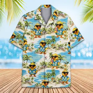 Tropical Rubber Duck Hawaiian Short-Sleeve Button-Up Shirt, Summer Beachwear, Gift for Animal Lovers