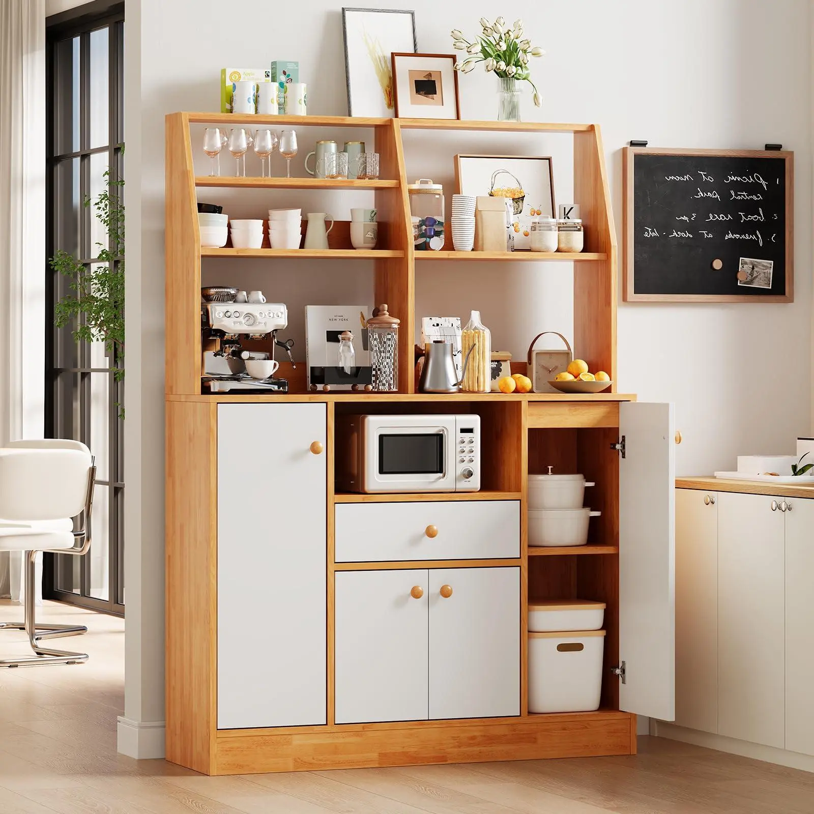 Farmhouse Buffet Sideboard Cabinet with Hutch – Adjustable Shelves & Drawers – Freestanding Wood Pantry Storage for Dining Room, Living Room, Coffee Bar – Color: Brown+White