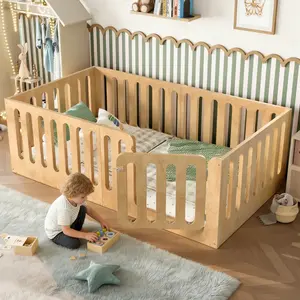 Twin Size Floor Bed with High Fence for Kids, Solid Wood Kids Montessori Bed with Door, low-profile and No Box Spring Needed Design, Natural