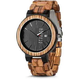 Week and Date Multi-Functional Display Men's Zebra Wooden Quartz Watch Lightweight Handmade Casual Wristwatches with  Box