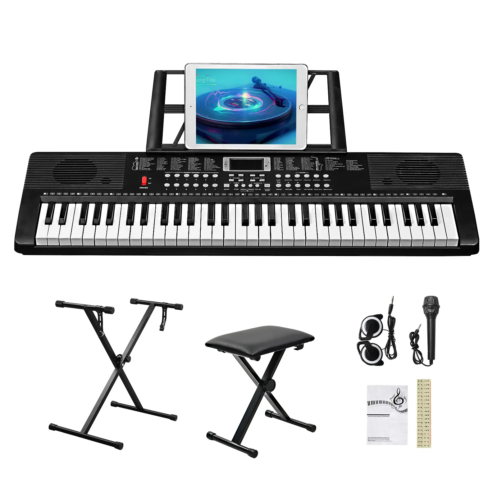 61-Key Digital Piano Keyboard (GEP-203) Electronic Piano Kit for Beginners with Stand, Bench, Built-In Speakers, Headphone, Microphone, Music Rest, LED Screen, 3 Teaching Modes