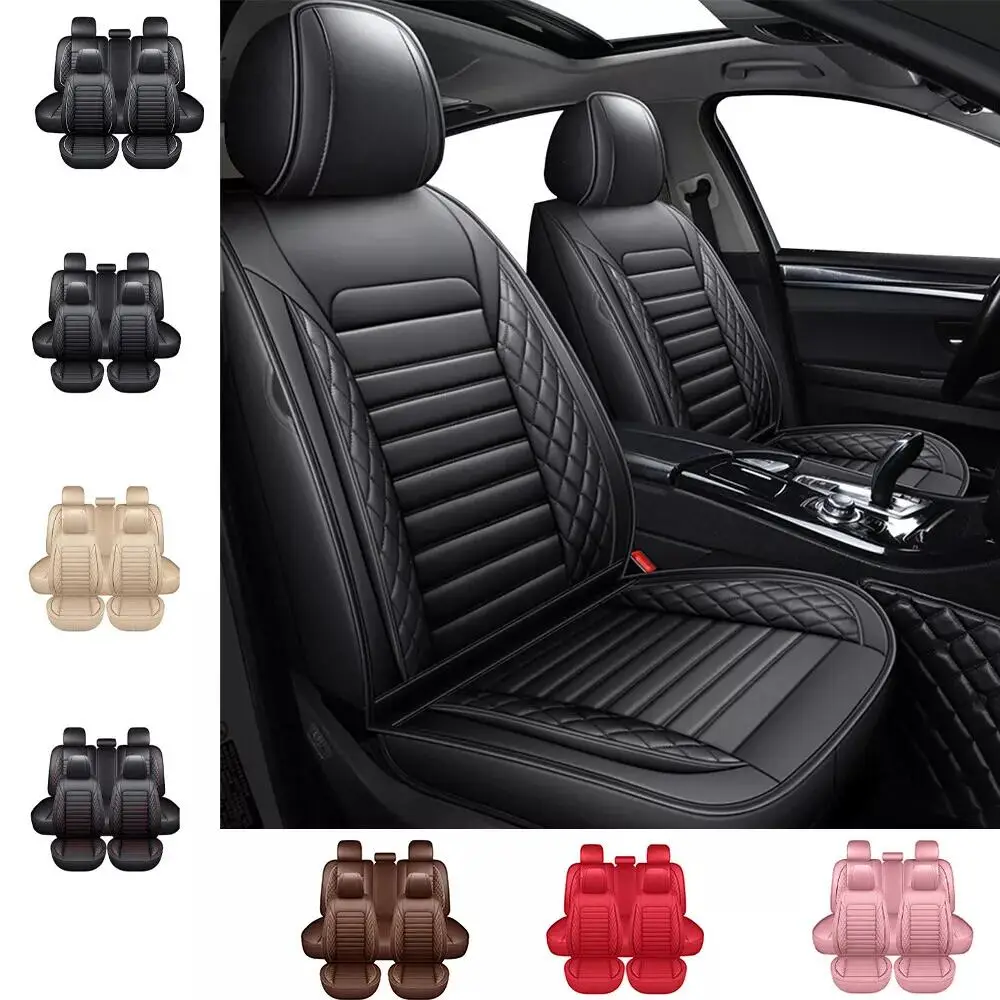 otoez Universal Leather Car Seat Cover 5 Seats Full Set with Headrest Lumbar Support Waterproof Auto Accessories Full Coverage Automotive Interior