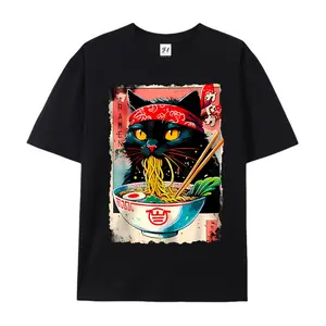 Ramen Cat Japanese Anime Graphic Cotton T-Shirt, Cat & Ramen Lover Comfort Tee, Retro Asian Fashion Outfit, Oversized Casual Shirt, Birthday & Foodie Gift For Him Her