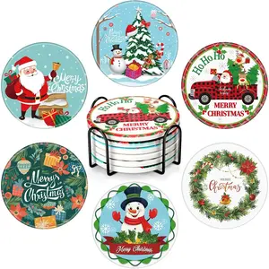 6 Pcs Christmas Coasters with Holder Ceramic Absorbent Holiday Coaster for Housewarming Home Decoration Coffee Table Protection(Santa)