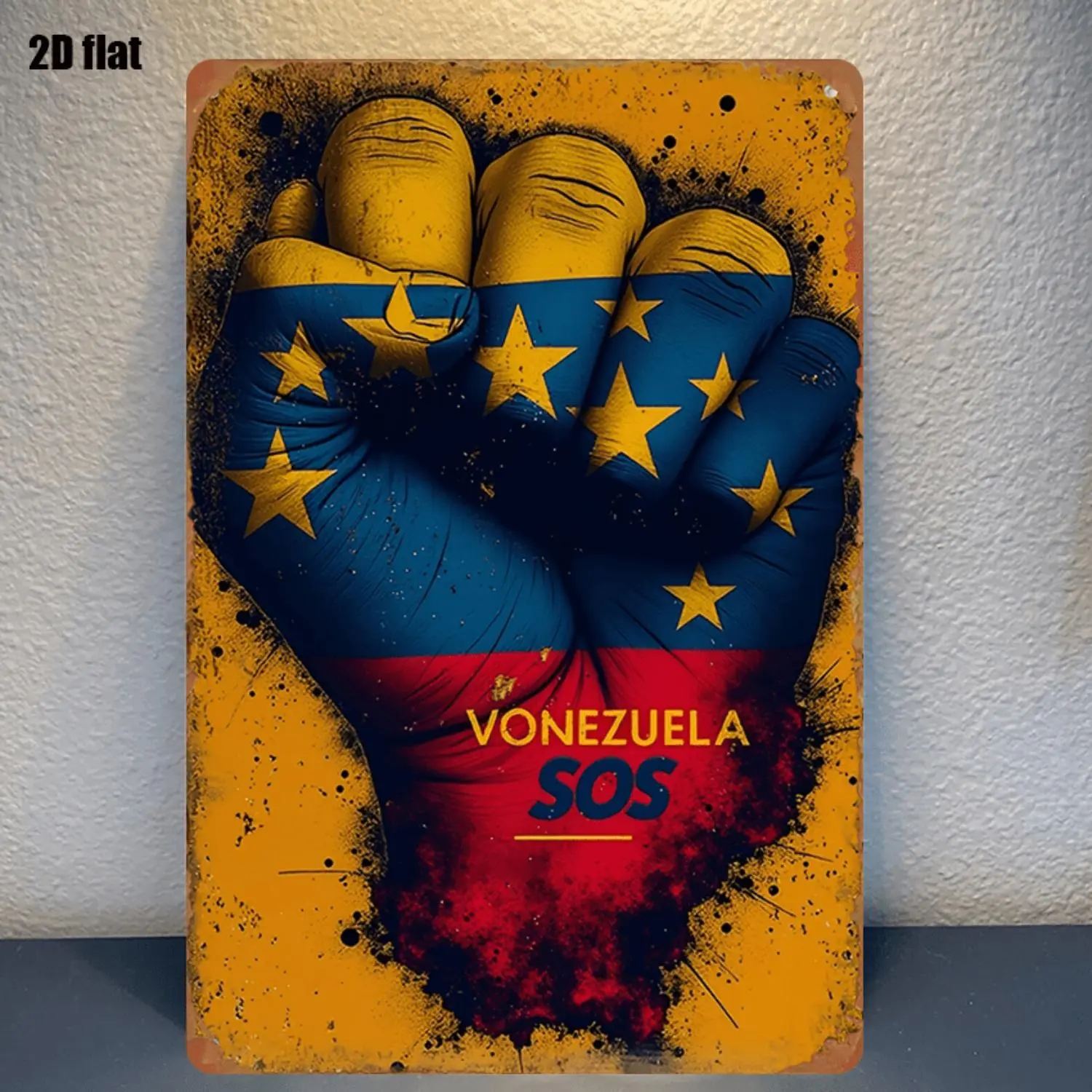 2D Flat, 1pc Tin Sign "Fist Shaped Tin Sign with Venezuela Flag Design" Classic Wall Art, Durable Metal Decor for Home, Kitchen, Bar, Garden, And Farmhouse, Vintage Design, 2D Flat 8.0X12.0 inch Decorative Plaque & Sign