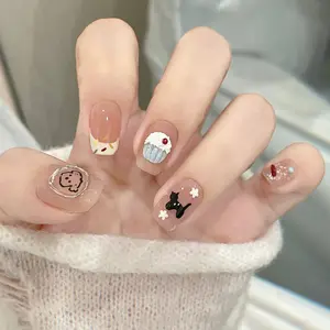 30pcs Short Square Press-On Nails, Cute Cartoon Print with Silver Color Stripes, Reusable Nail Art Set, Includes Jelly Glue and File, Nail Design, Nail Art Diy