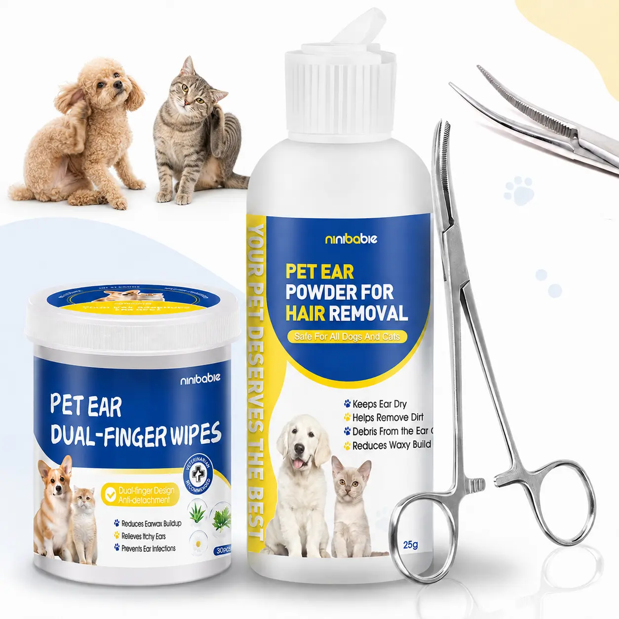 Dog Ear Hair Removal Kit with Ear Powder & 5.5" Curved Locking Forceps, Finger Wipes for At-Home Dog Ear Grooming