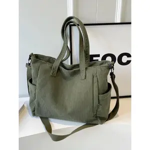Women's Autumn-Winter Plain Striped Corduroy Tote - Large Capacity, Everyday Bag, Travel Bag for Students, Casual Crossbody/Shoulder Use
