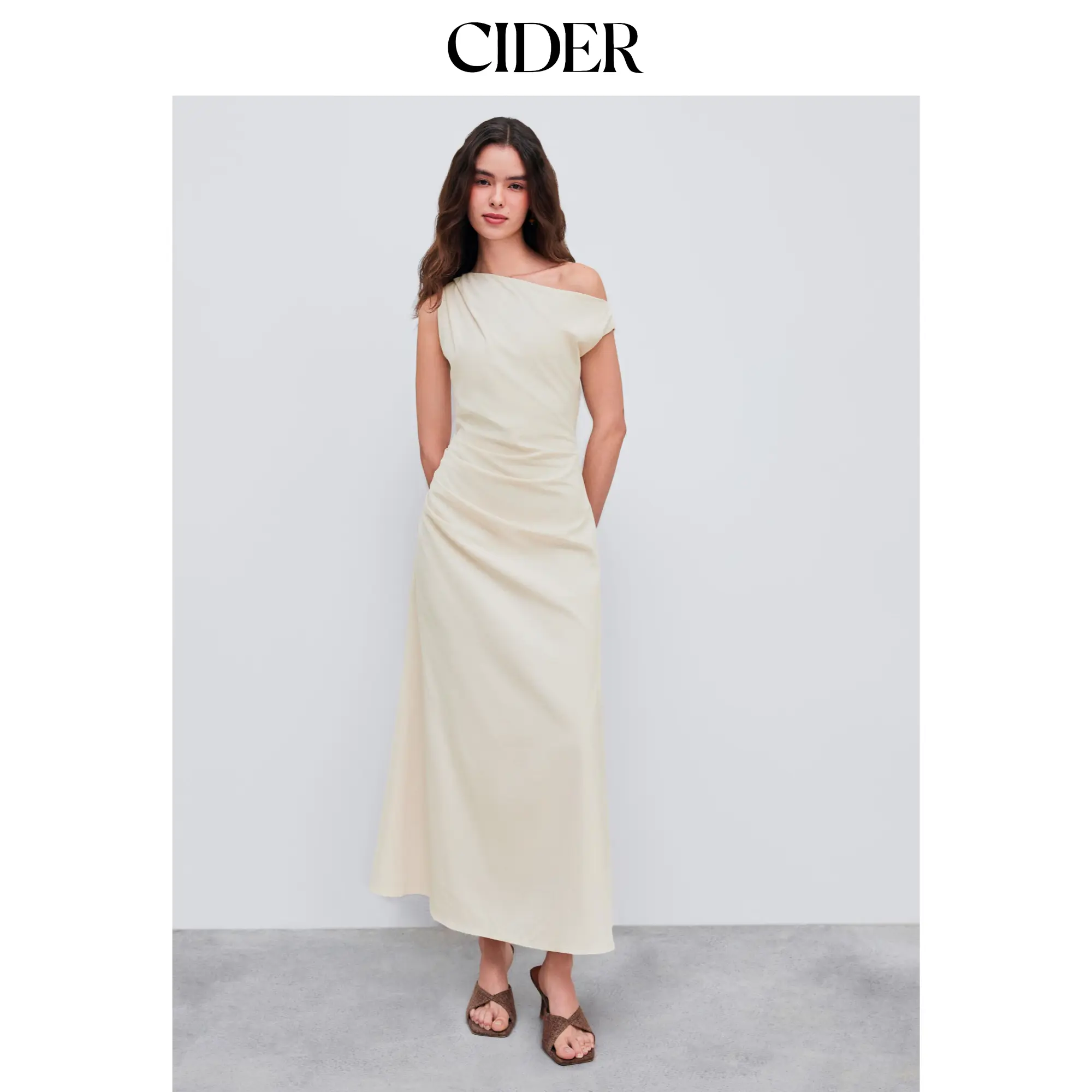 Cider Asymmetrical Neck Solid Ruched Maxi Dress