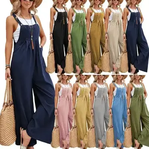 Women Long Bib Pants Overalls - Casual Loose Rompers Jumpsuits With Pockets Army Cotton
