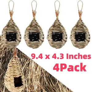 4 Pack Hummingbird Houses (9.4 x 4.3 Inches) for Outside Hanging, Natural Grass Hanging Bird Hut, Hand Woven Hummingbird Nest, Large Wren Finch Bird House for Garden Window Outdoor Home Decoration - Home Improvement.